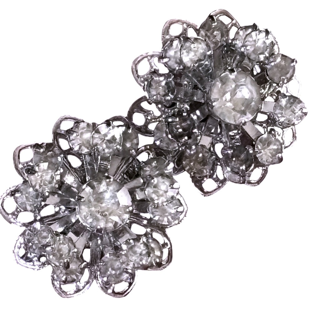 VTG Clip On Earrings Silver Sarah Coventry Rhinestone Floral Sunburst Filigree